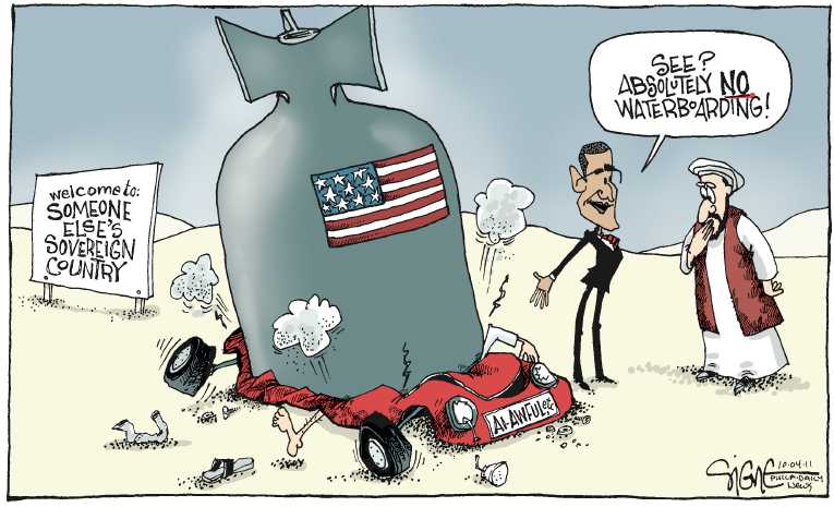 Political/Editorial Cartoon by Signe Wilkinson, Philadelphia Daily News on Obama Orders Death of American