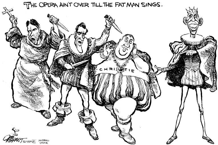 Political/Editorial Cartoon by Pat Oliphant, Universal Press Syndicate on Romney Leads Field