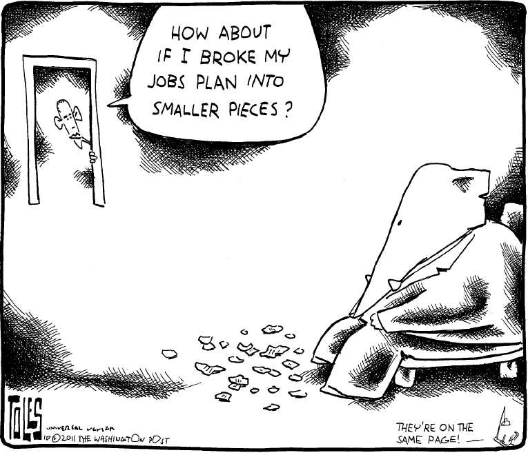 Political/Editorial Cartoon by Tom Toles, Washington Post on Obama Focusing on Jobs