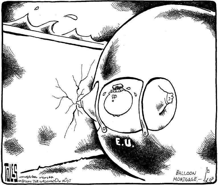 Political/Editorial Cartoon by Tom Toles, Washington Post on Euro Bailout Likely