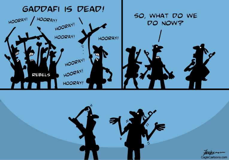 Political/Editorial Cartoon by Manny Francisco, The Manila Times, Philippines on Qaddafi Captured, Killed