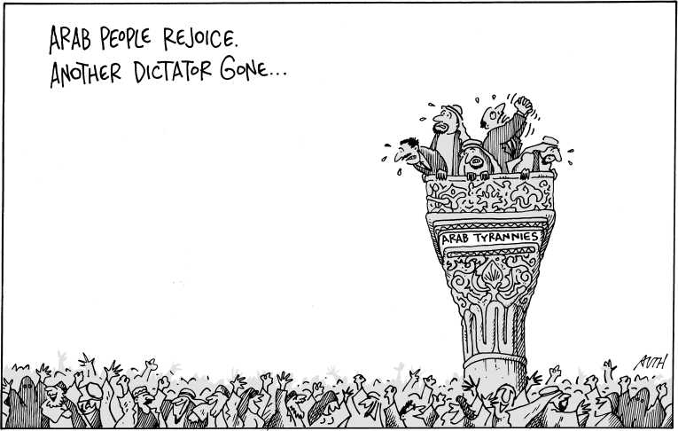Political/Editorial Cartoon by Tony Auth, Philadelphia Inquirer on Qaddafi Captured, Killed