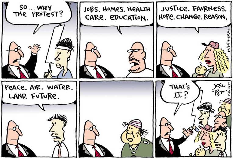 Political/Editorial Cartoon by Joel Pett, Lexington Herald-Leader, CWS/CartoonArts Intl. on Protests Continue