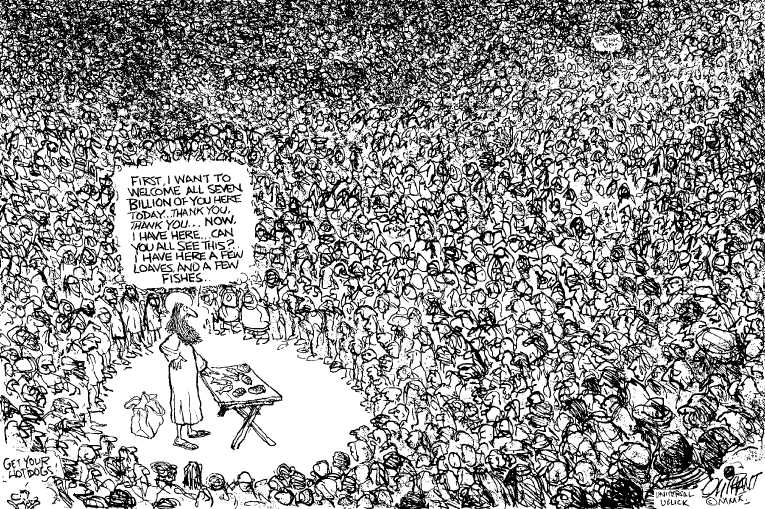 Political/Editorial Cartoon by Pat Oliphant, Universal Press Syndicate on World Celebrates Population Milestone