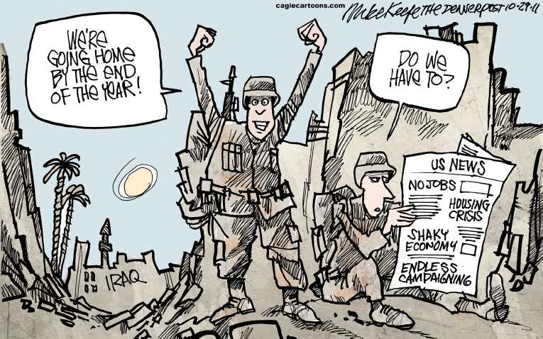 Political/Editorial Cartoon by Mike Keefe, Denver Post on Americans Applaud War’s End
