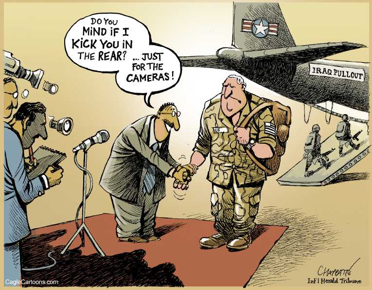 Political/Editorial Cartoon by Patrick Chappatte, International Herald Tribune on Americans Applaud War’s End