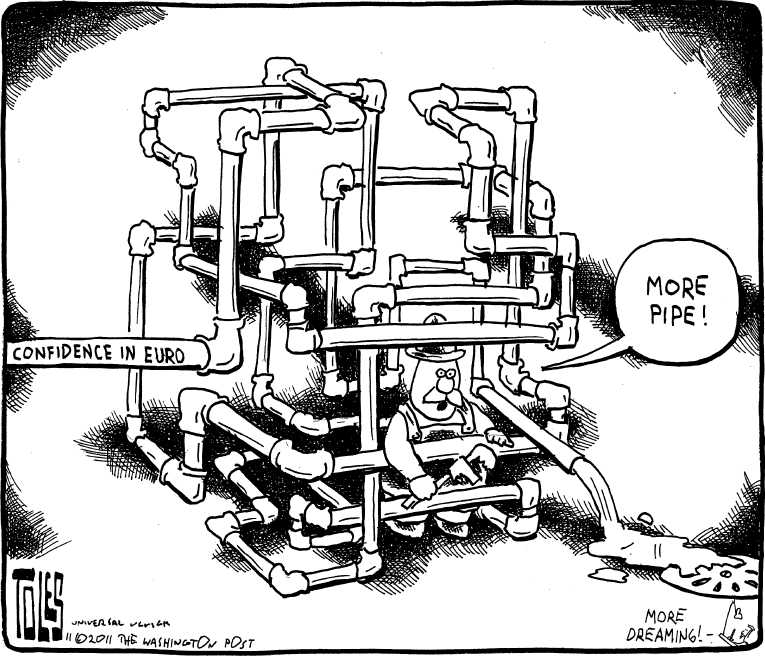 Political/Editorial Cartoon by Tom Toles, Washington Post on Euro Still in Crisis