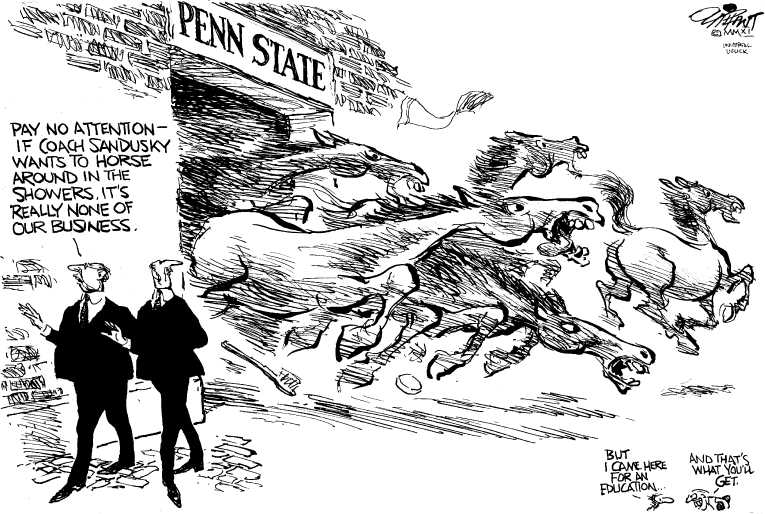 Political/Editorial Cartoon by Pat Oliphant, Universal Press Syndicate on Paterno Goes Down