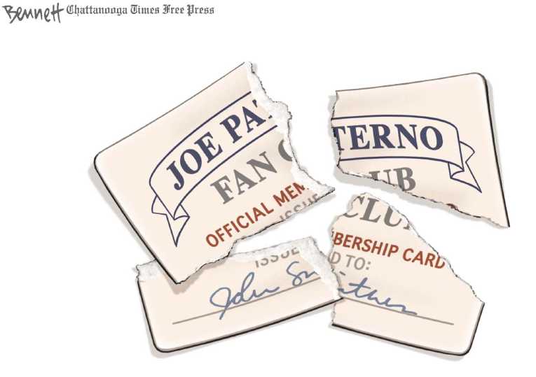 Political/Editorial Cartoon by Clay Bennett, Chattanooga Times Free Press on Paterno Goes Down