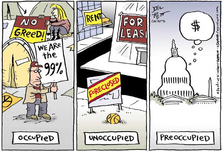 Political/Editorial Cartoon by Joel Pett, Lexington Herald-Leader, CWS/CartoonArts Intl. on Occupy Crackdown Intensifies