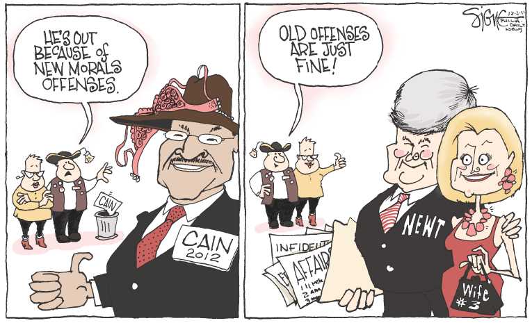 Political/Editorial Cartoon by Signe Wilkinson, Philadelphia Daily News on Cain Suspends Campaign
