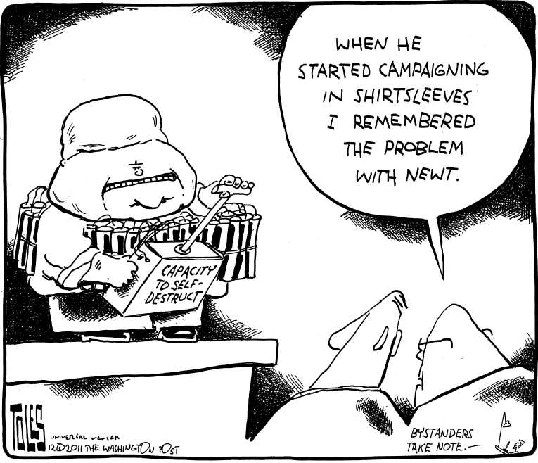 Political/Editorial Cartoon by Tom Toles, Washington Post on Gingrich Races to Big Lead