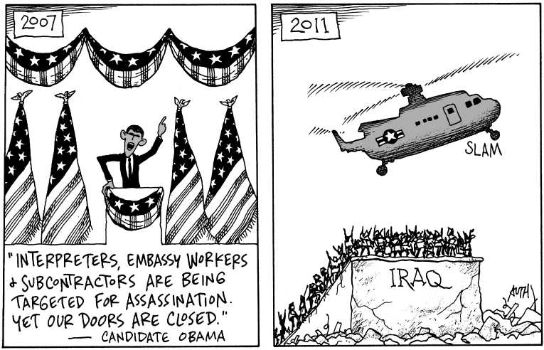 Political/Editorial Cartoon by Tony Auth, Philadelphia Inquirer on Last US Troops Leave Iraq