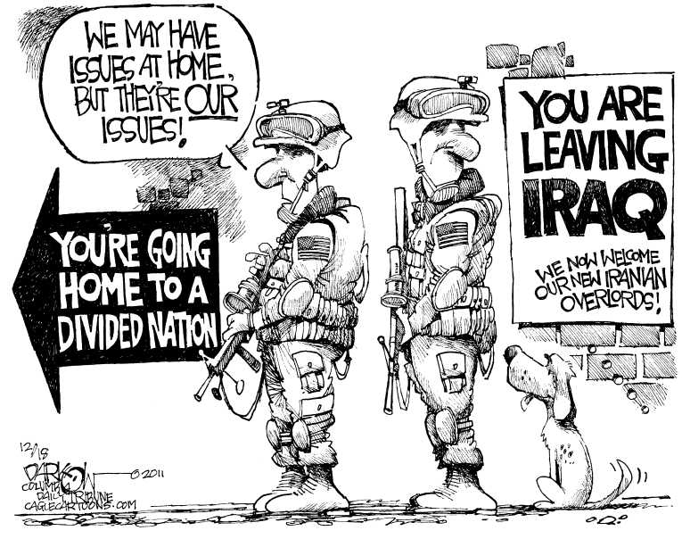 Political/Editorial Cartoon by John Darkow, Columbia Daily Tribune, Missouri on Last US Troops Leave Iraq