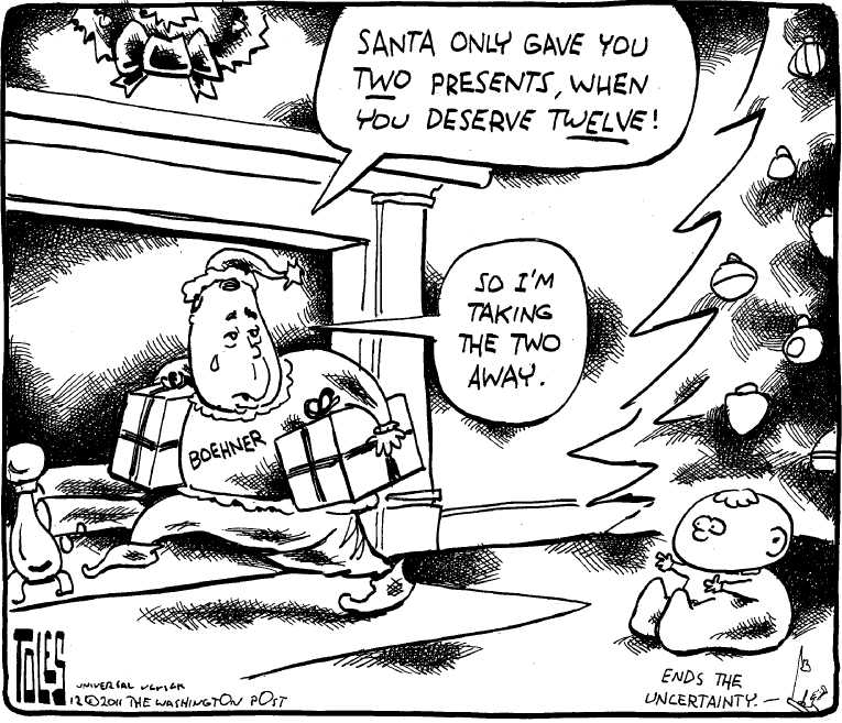 Political/Editorial Cartoon by Tom Toles, Washington Post on Payroll Holiday Set to End