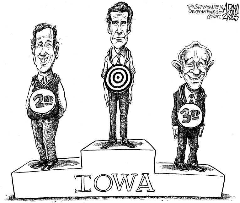 Political/Editorial Cartoon by Adam Zyglis, The Buffalo News on Romney, Santorum, Paul Win Iowa