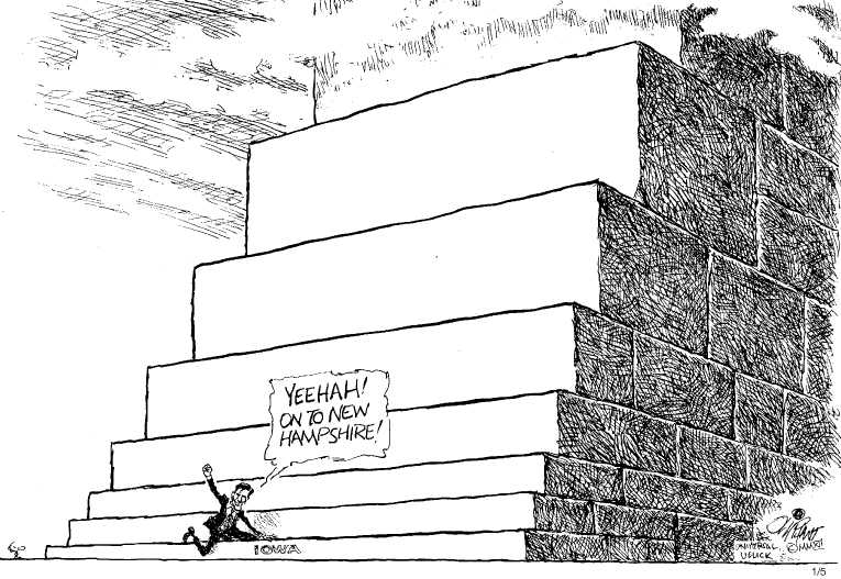 Political/Editorial Cartoon by Pat Oliphant, Universal Press Syndicate on Romney, Santorum, Paul Win Iowa