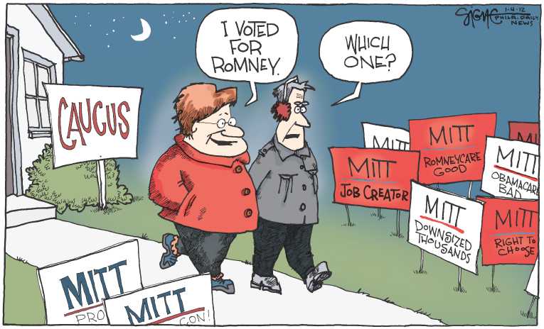 Political/Editorial Cartoon by Signe Wilkinson, Philadelphia Daily News on Romney, Santorum, Paul Win Iowa