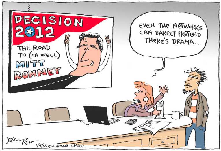 Political/Editorial Cartoon by Joel Pett, Lexington Herald-Leader, CWS/CartoonArts Intl. on Romney, Santorum, Paul Win Iowa