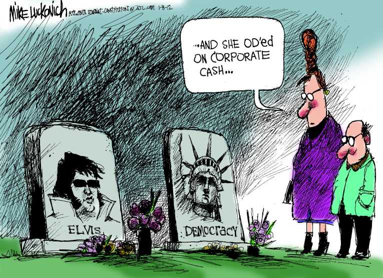 Political/Editorial Cartoon by Mike Luckovich, Atlanta Journal-Constitution on PACs Playing Major Role in Elections