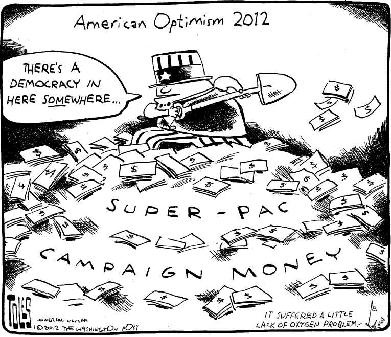 Political/Editorial Cartoon by Tom Toles, Washington Post on PACs Playing Major Role in Elections
