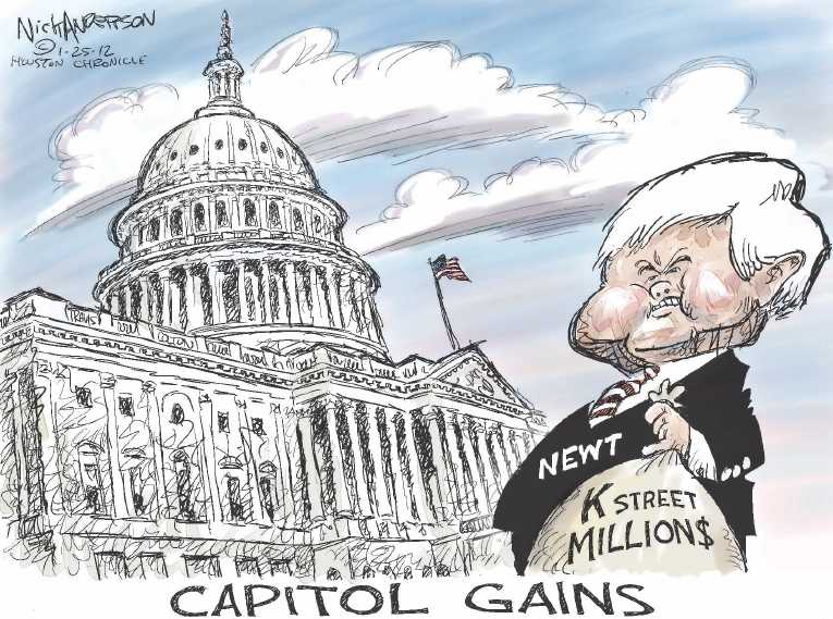 Political/Editorial Cartoon by Nick Anderson, Houston Chronicle on Gingrich Wins South Carolina