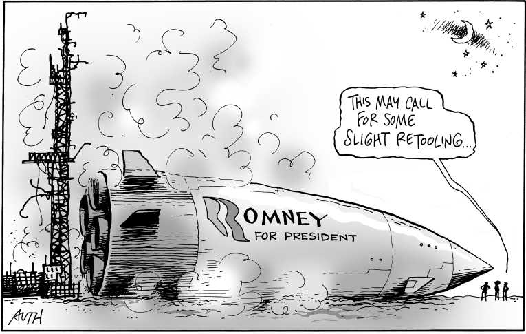 Political/Editorial Cartoon by Tony Auth, Philadelphia Inquirer on Romney and Santorum in Dead Heat