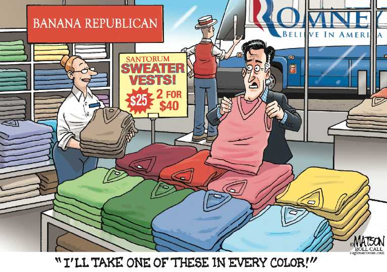 Political/Editorial Cartoon by RJ Matson, Cagle Cartoons on Romney and Santorum in Dead Heat