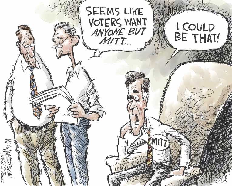 Political/Editorial Cartoon by Nick Anderson, Houston Chronicle on Romney and Santorum in Dead Heat