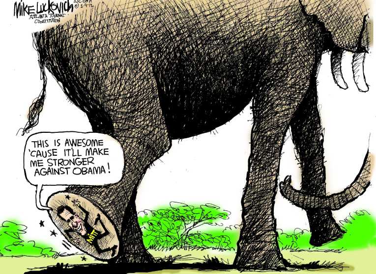 Political/Editorial Cartoon by Mike Luckovich, Atlanta Journal-Constitution on Romney and Santorum in Dead Heat