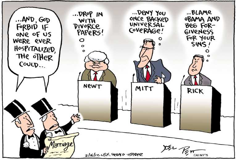 Political/Editorial Cartoon by Joel Pett, Lexington Herald-Leader, CWS/CartoonArts Intl. on Romney Loses Lead