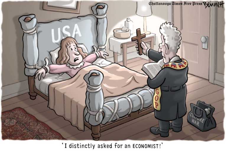 Political/Editorial Cartoon by Clay Bennett, Chattanooga Times Free Press on Republicans Focus on Deficit
