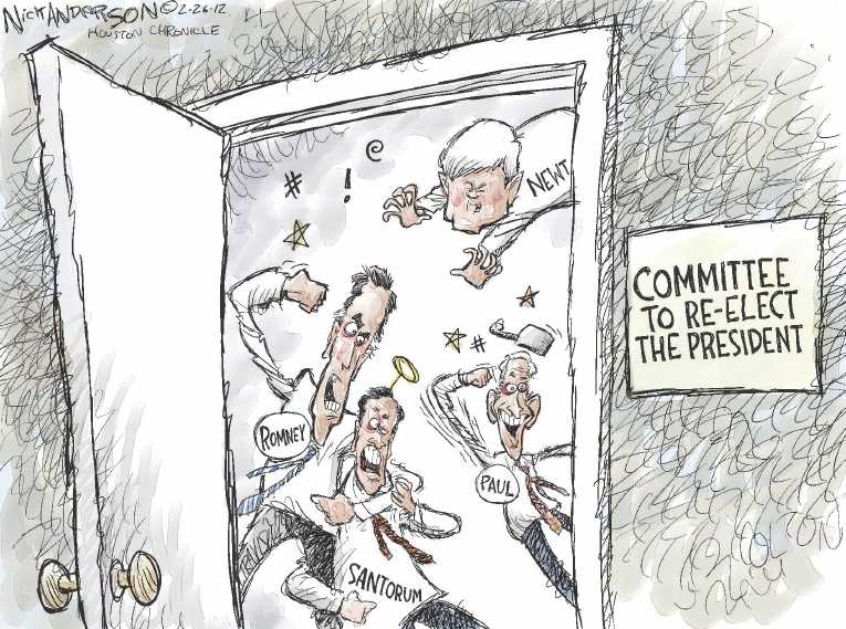 Political/Editorial Cartoon by Nick Anderson, Houston Chronicle on Romney Wins Michigan