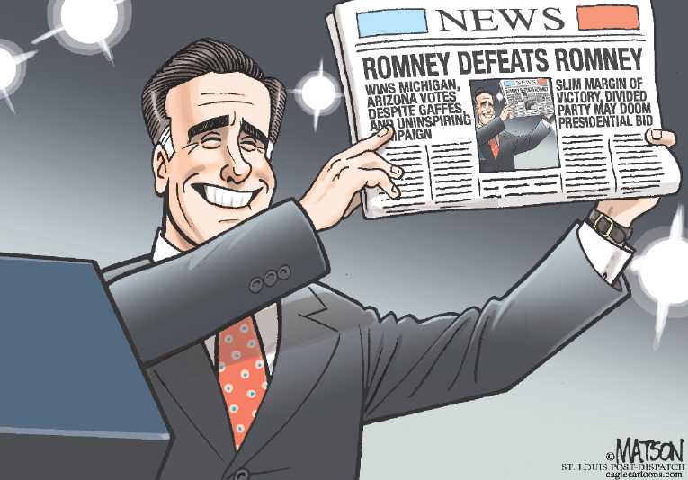 Political/Editorial Cartoon by RJ Matson, Cagle Cartoons on Romney Claims Victory