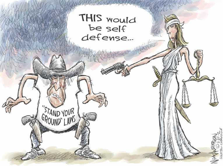 Political/Editorial Cartoon by Nick Anderson, Houston Chronicle on Zimmerman Remains Free