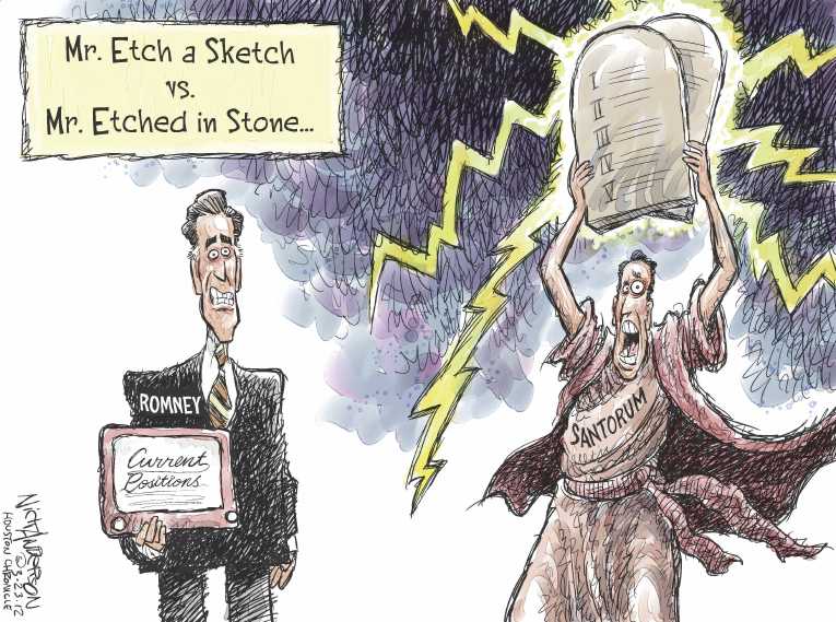 Political/Editorial Cartoon by Nick Anderson, Houston Chronicle on Romney Shaking Things Up