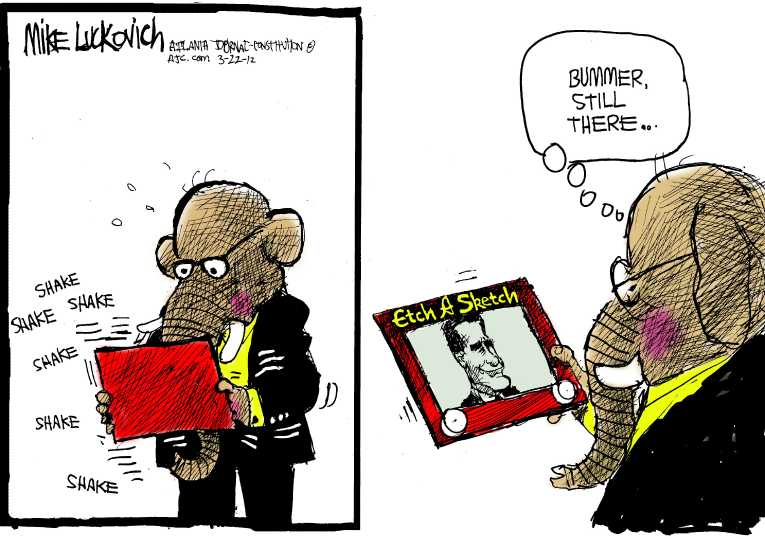 Political/Editorial Cartoon by Mike Luckovich, Atlanta Journal-Constitution on Romney Shaking Things Up