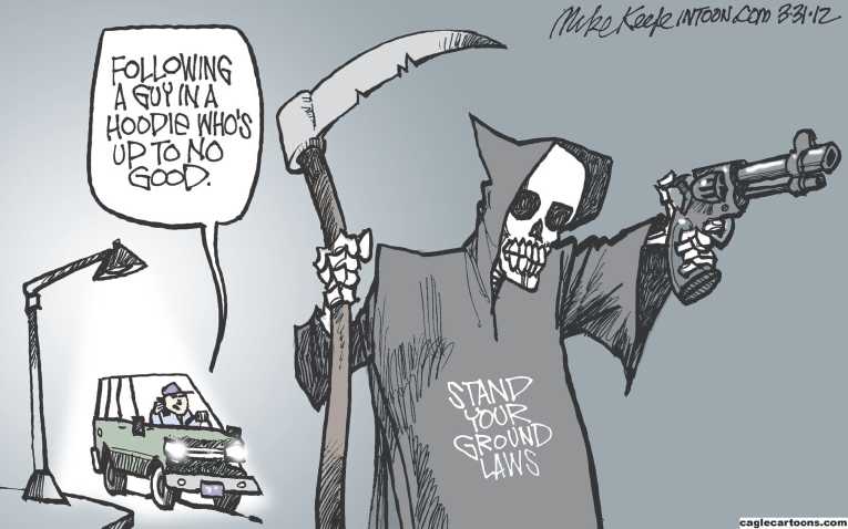 Political/Editorial Cartoon by Mike Keefe, Denver Post on NRA: “Thank God He Had a Gun”