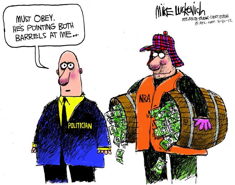 Political/Editorial Cartoon by Mike Luckovich, Atlanta Journal-Constitution on NRA: “Thank God He Had a Gun”
