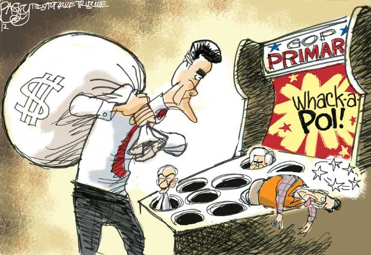 Political/Editorial Cartoon by Pat Bagley, Salt Lake Tribune on Santorum Drops Out