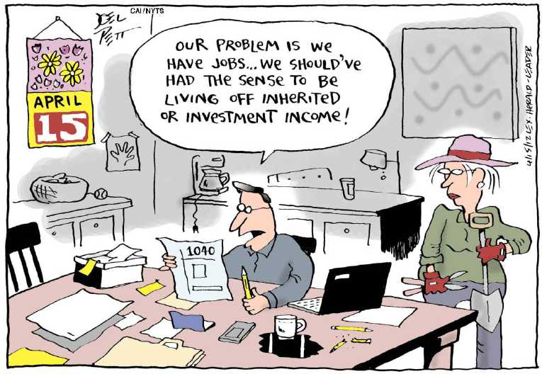 Political/Editorial Cartoon by Joel Pett, Lexington Herald-Leader, CWS/CartoonArts Intl. on Tax Deadline Stresses Americans