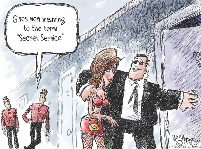 Political/Editorial Cartoon by Nick Anderson, Houston Chronicle on Sex Scandal Rocks Secret Service