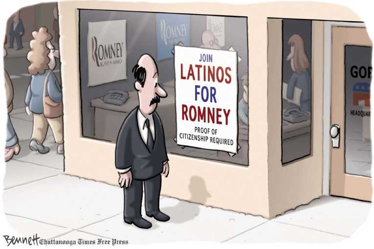 Political/Editorial Cartoon by Clay Bennett, Chattanooga Times Free Press on Romney Perplexed by Polls