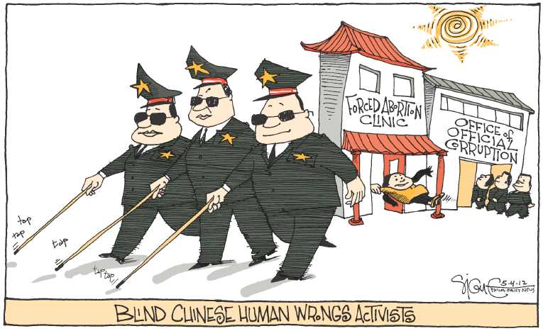 Political/Editorial Cartoon by Signe Wilkinson, Philadelphia Daily News on Chinese Dissident Cleared to Flee