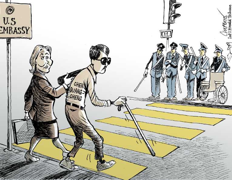 Political/Editorial Cartoon by Patrick Chappatte, International Herald Tribune on Chinese Dissident Cleared to Flee