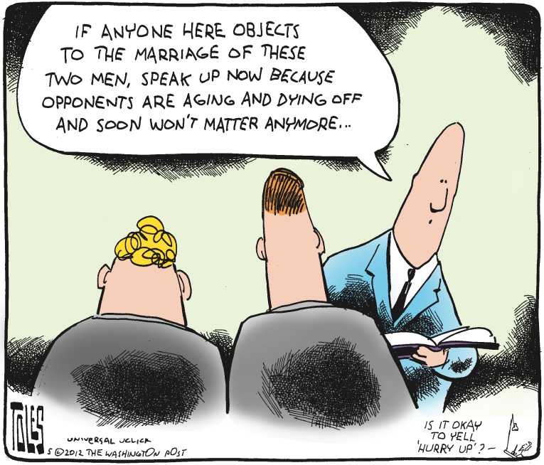Political/Editorial Cartoon by Tom Toles, Washington Post on Gay Marriage Issue Erupts