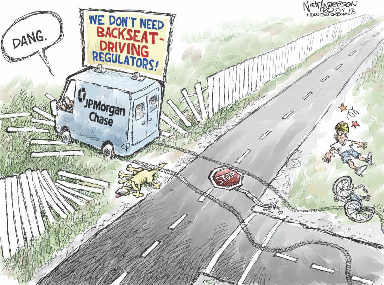 Political/Editorial Cartoon by Nick Anderson, Houston Chronicle on Big Bank’s Gamble Loses Big