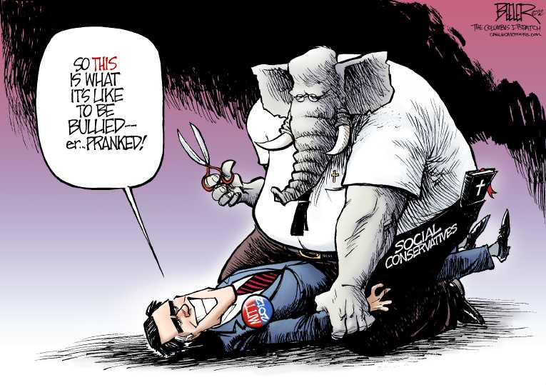 Political/Editorial Cartoon by Nate Beeler, Washington Examiner on Romney Dismisses School “Prank”
