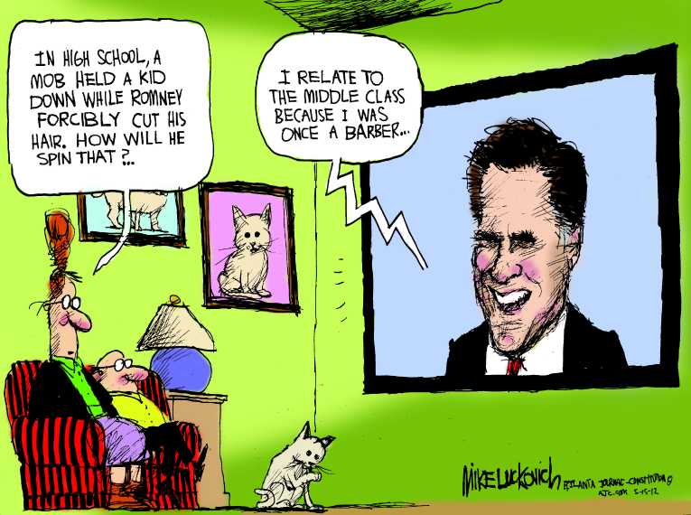 Political/Editorial Cartoon by Mike Luckovich, Atlanta Journal-Constitution on Romney Dismisses School “Prank”
