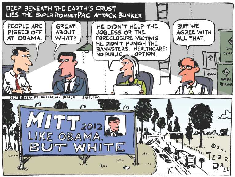 Political/Editorial Cartoon by Ted Rall on Romney Sharpens Attack